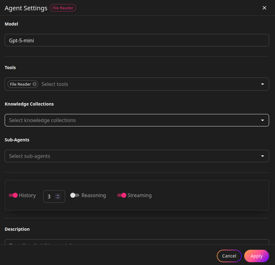 Agent Settings - Configure Model, Tools, Knowledge